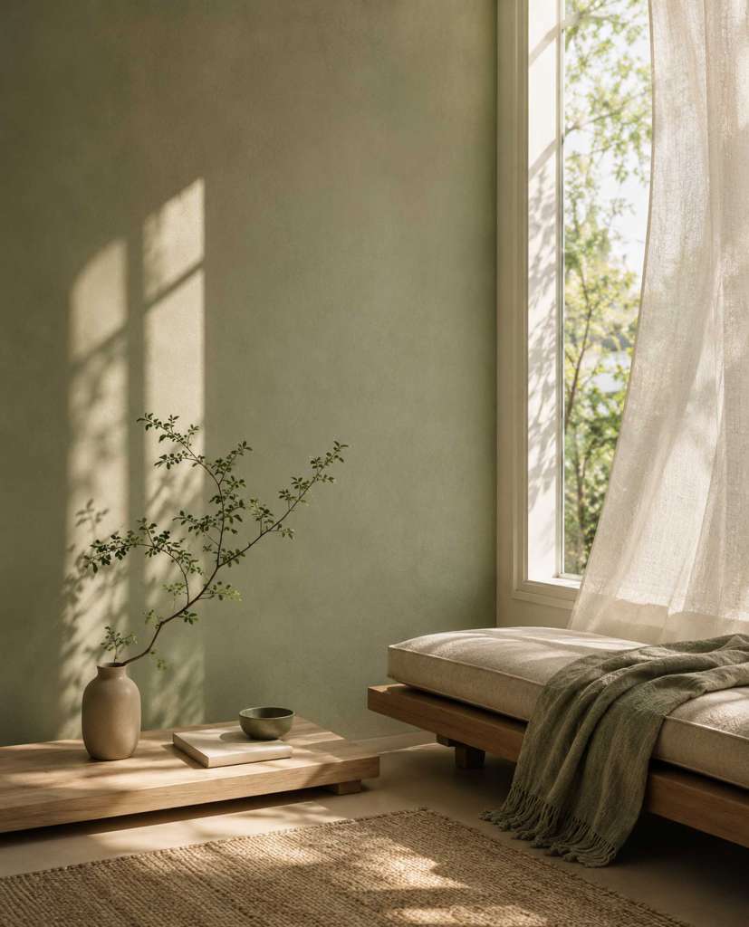 Sunlit room with a window, neutral furnishings, a small vase, and greenery.