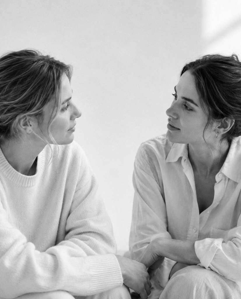 Two women sitting together and looking at each other during a quiet conversation.