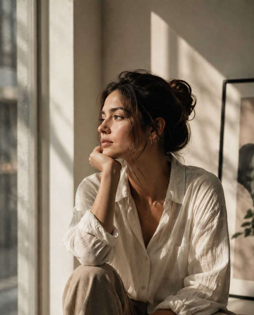 Woman sitting by a window in soft natural light, looking thoughtfully into the distance.